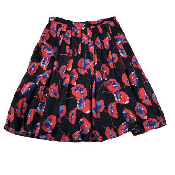 MODCLOTH Skirt Poppies Floral Pleated A-Line Chiffon Size Small Black Red Boho - Picture 2 of 6
